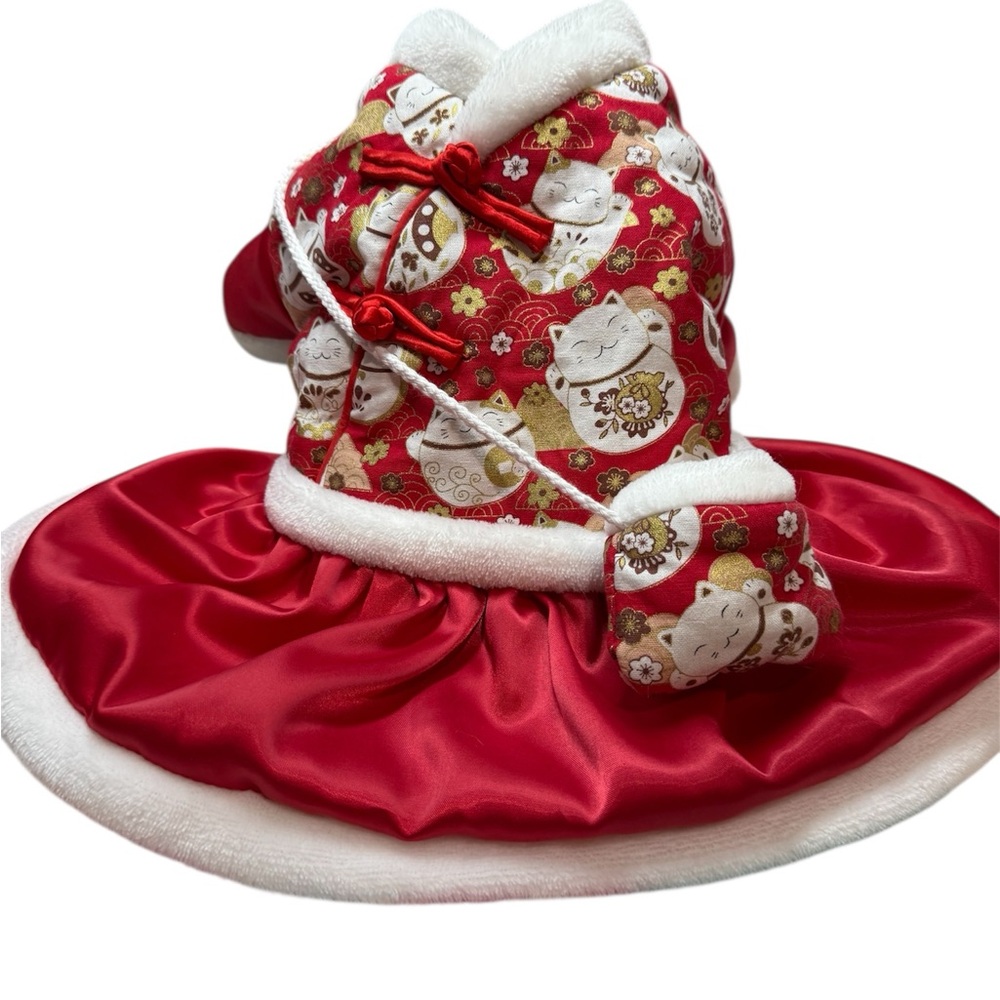 Source Unknown Red and White Dog Dress with Cat Pattern